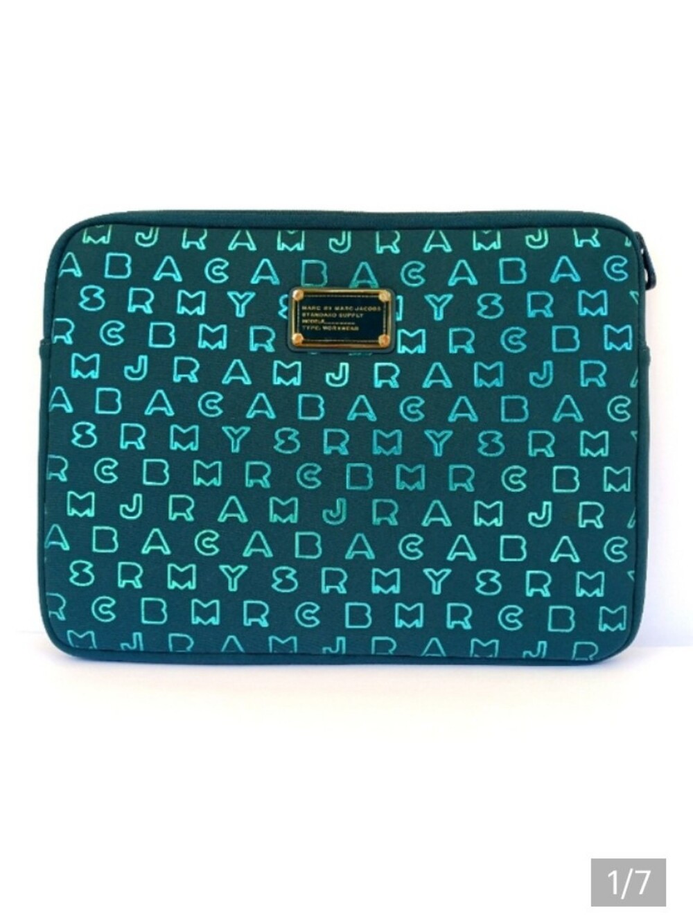 Marc Jacobs Neoprene Laptop Sleeve Teal Metallic Logo Print